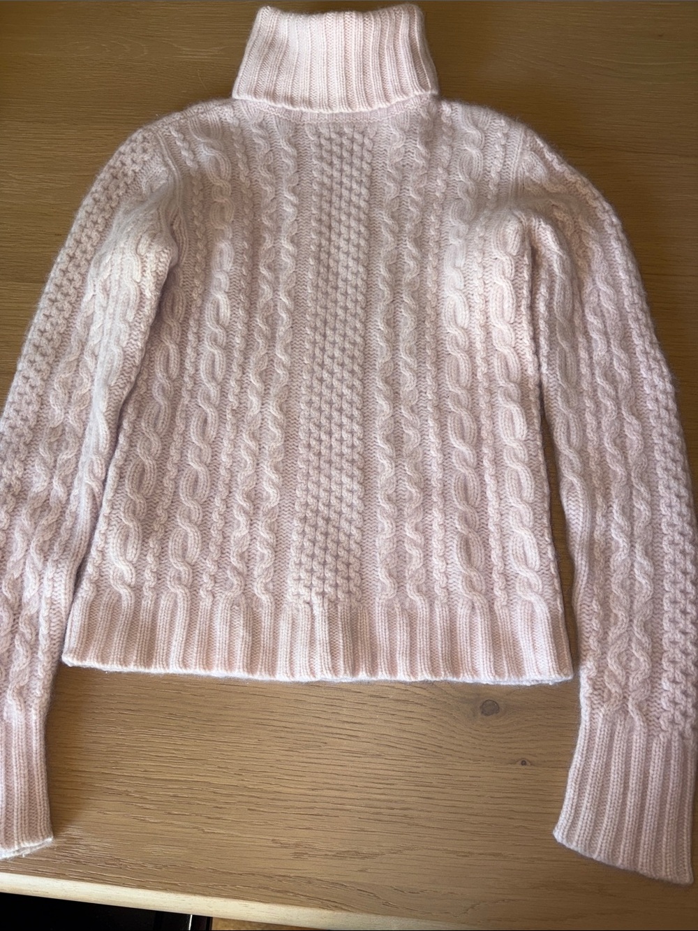 White + Warren Light Pink Cable-Knit Cashmere Turtleneck Sweater